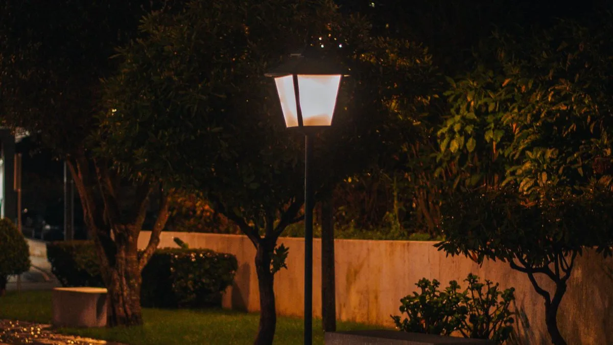 Réverbère éclairant une allée la nuit